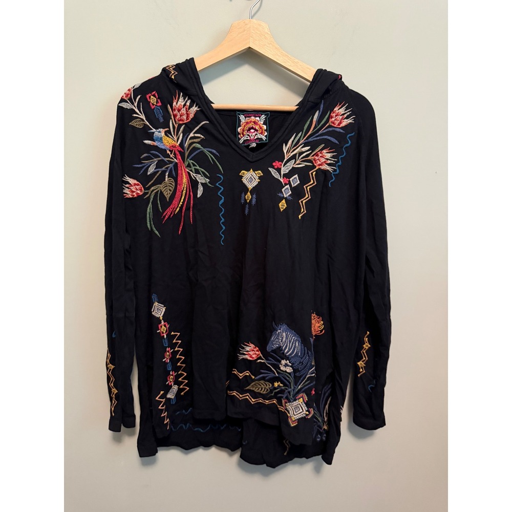 Johnny Was Los Angeles Black Embroidered Floral Bird Zebra V-Neck Hoodie M